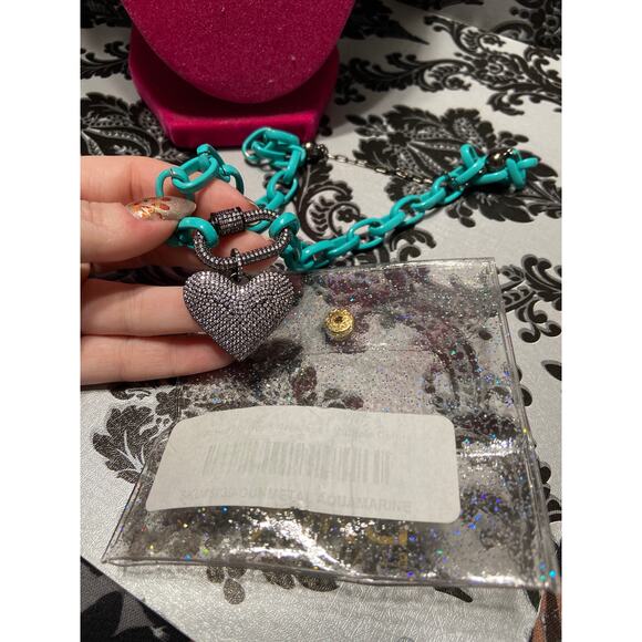 By Alexa Rae (BAR) Aquamarine chunky chain gunmetal heart pave necklace - Picture 4 of 4